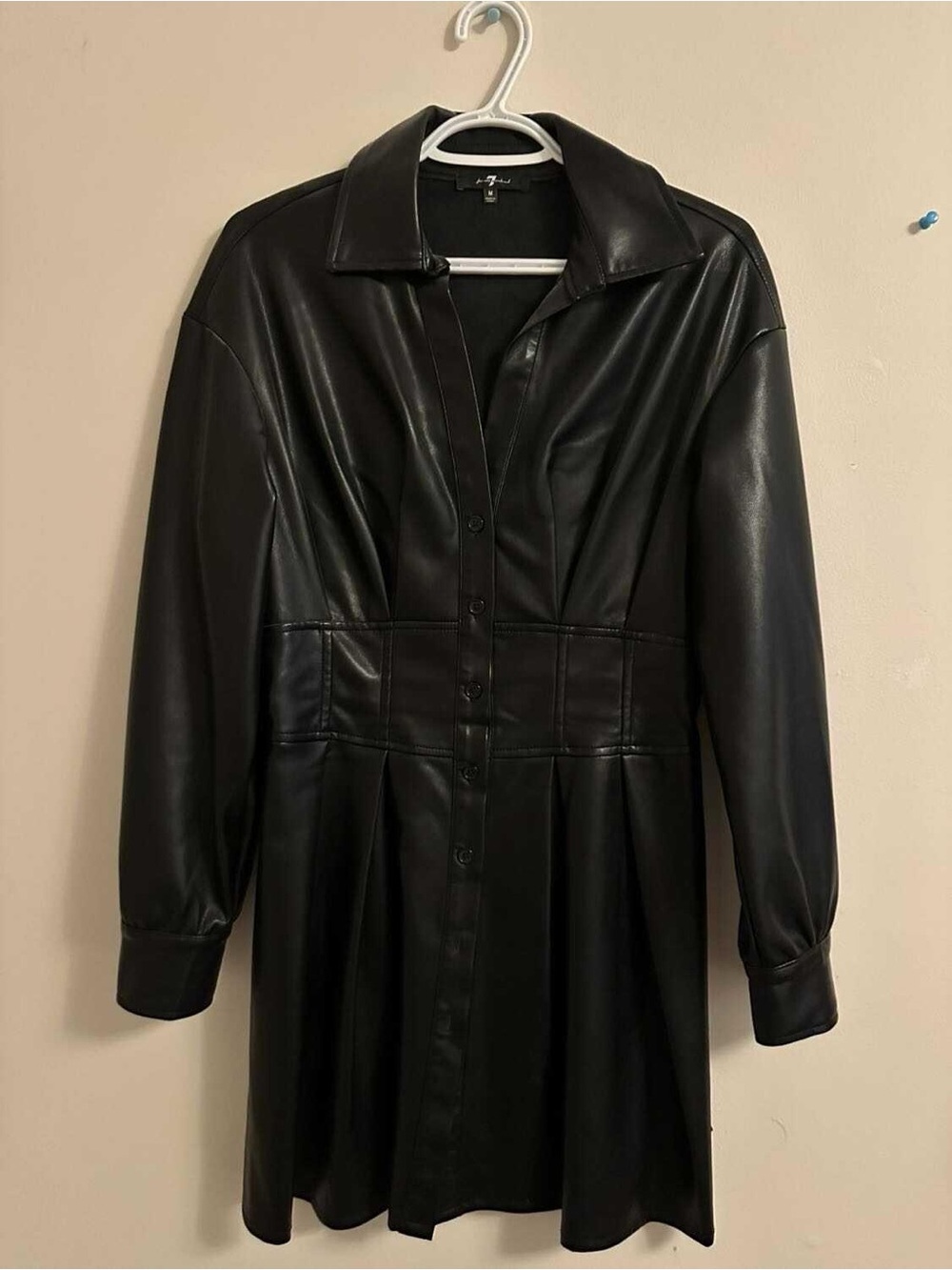 7 For All Mankind Black Faux Leather Button-Front Jacket Dress
